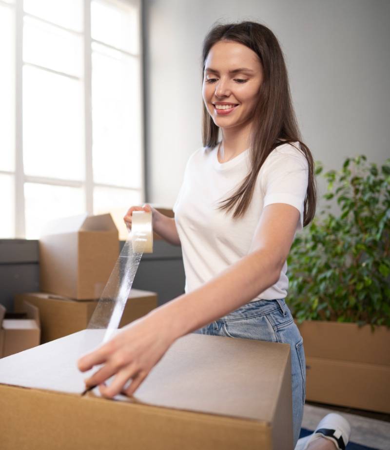 Smiling Woman Packing A Cardboard Box With Tape