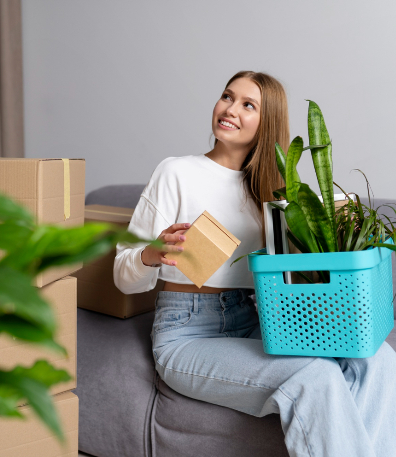 Person Holding A Box, Sitting Beside Moving Boxes And A Basket With Plants